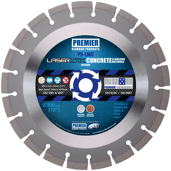 Premier Diamond Products P5-LMC LaserMax 300mm concrete and building materials premium diamond blade EN13236 ISO 9001 certified