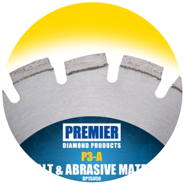 Premier Diamond Products P3-A diamond blade segment detail showing drop segment design for asphalt cutting