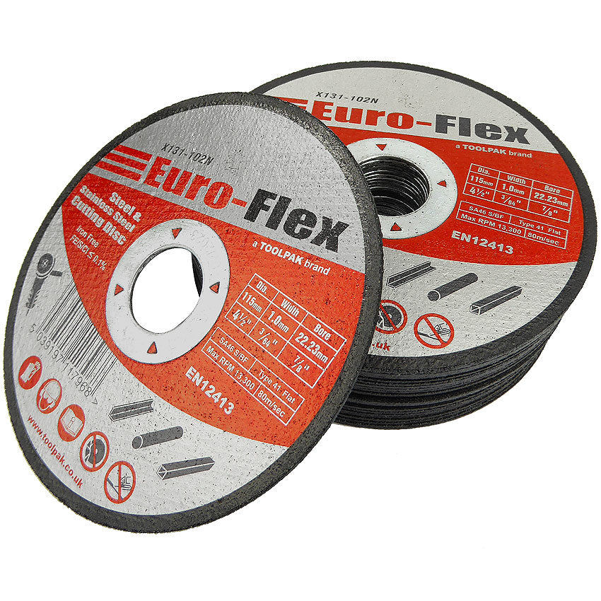 Stack of Euro-Flex 115mm x 1mm metal and stainless steel cutting discs.