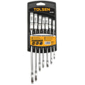 Tolsen 15259 seven-piece flexible head combination ratchet spanner set in a black plastic hanger