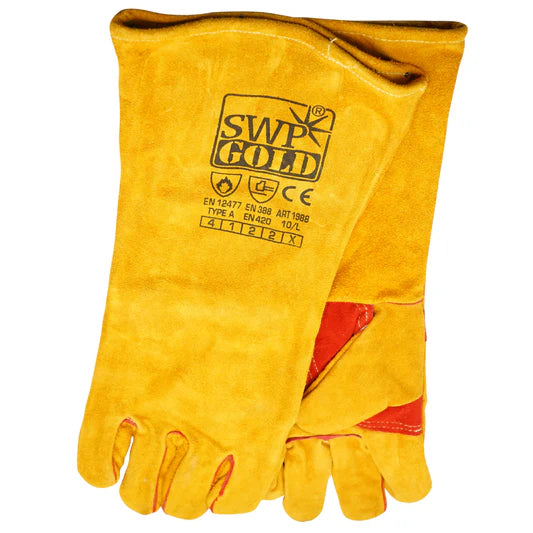 A pair of yellow leather work gloves with a black SWP GOLD logo printed on the back, displayed against a solid white background.