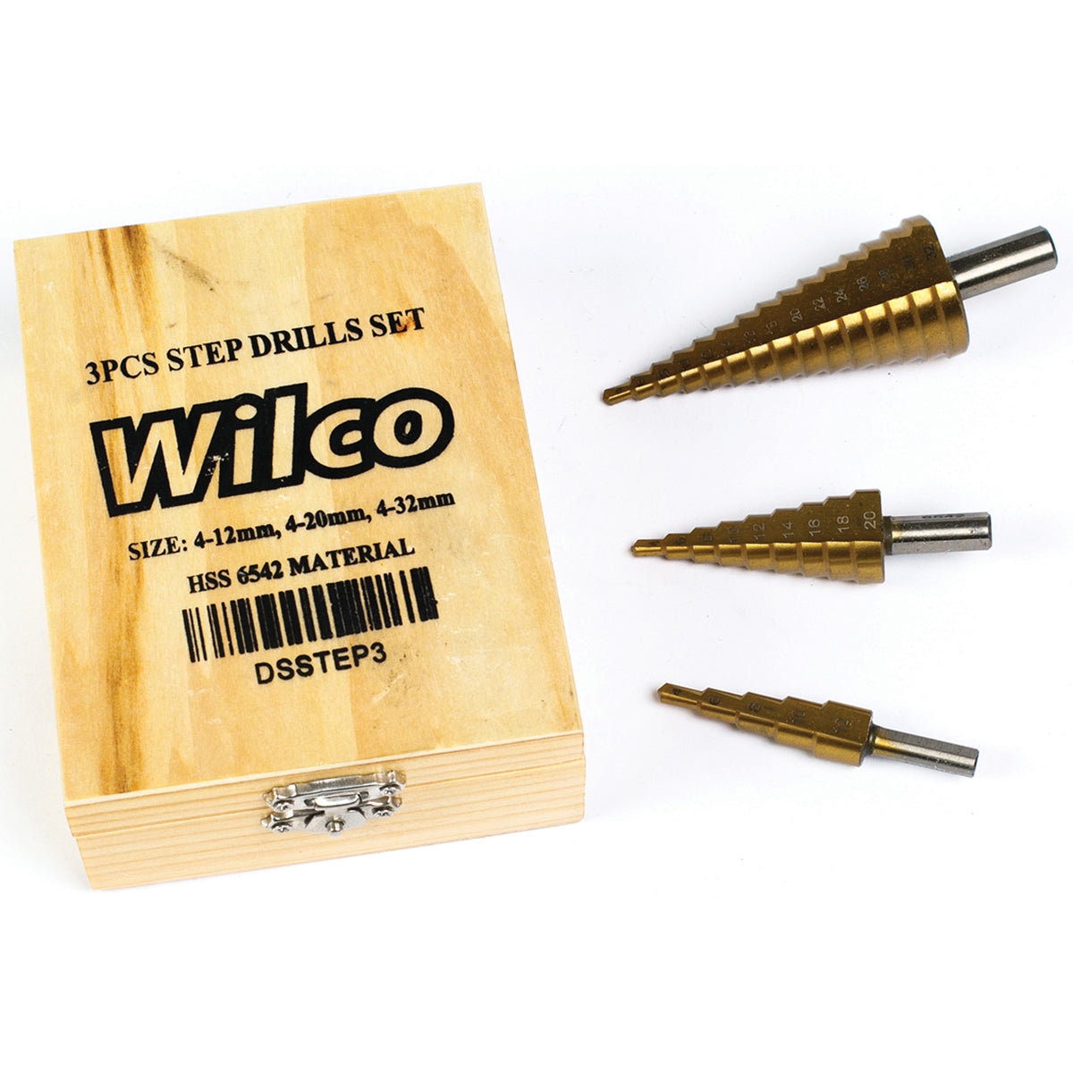 Wilco Titanium Coated HSS Step Drill Bit 3 Piece Set (4-12mm, 4-20mm, 4-32mm) in wooden carry case, SKU DSSTEP3
