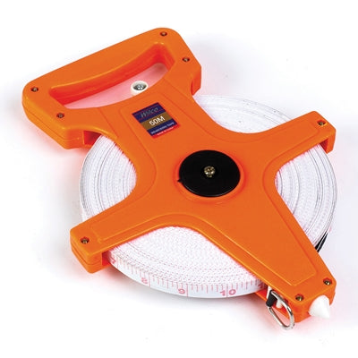 Orange fibreglass survey tape measure on open reel frame