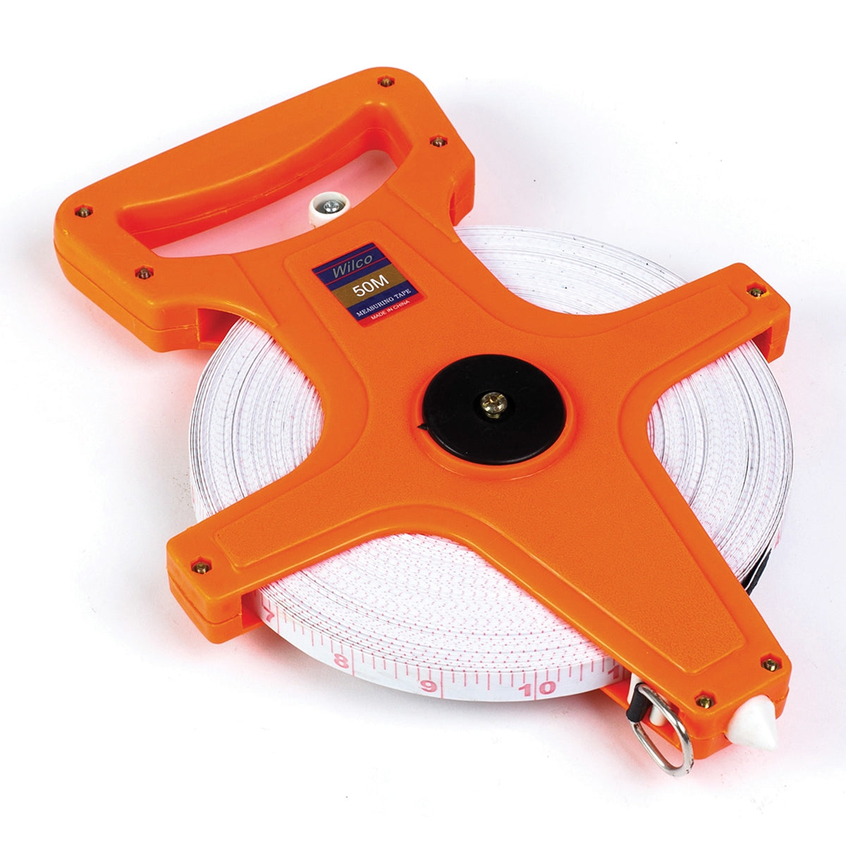Wilco 50M Fibreglass Survey Tape Measure in Orange open-reel frame with metric graduations