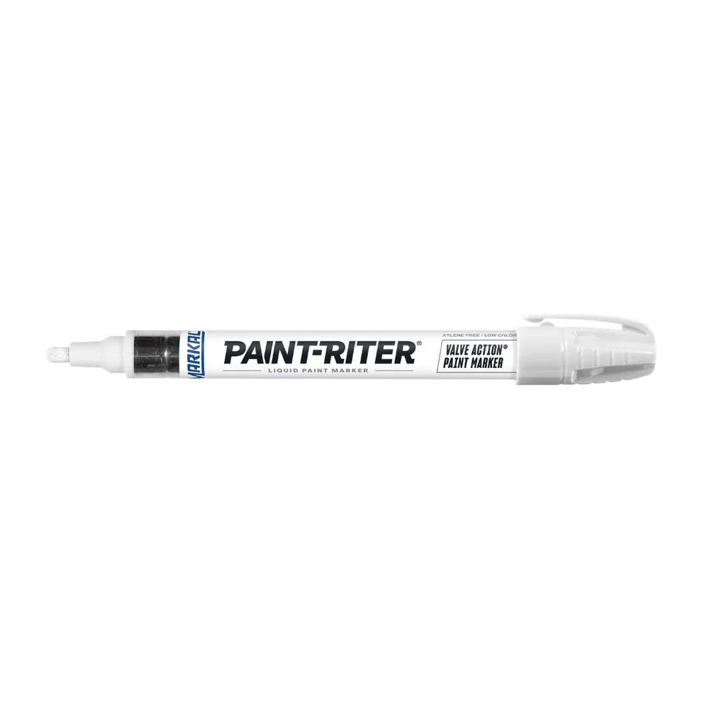Markal Paint-Riter valve action white liquid paint marker – fast-drying, xylene-free, Dura-Nib medium bullet tip, metal barrel, industrial marking