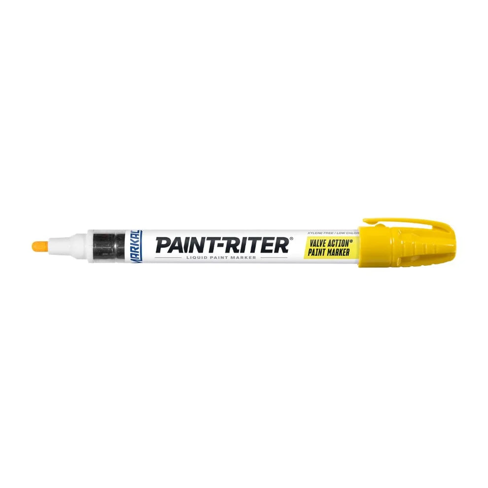 Markal Paint-Riter valve action yellow liquid paint marker – fast-drying, xylene-free, Dura-Nib medium bullet tip, metal barrel, industrial marking