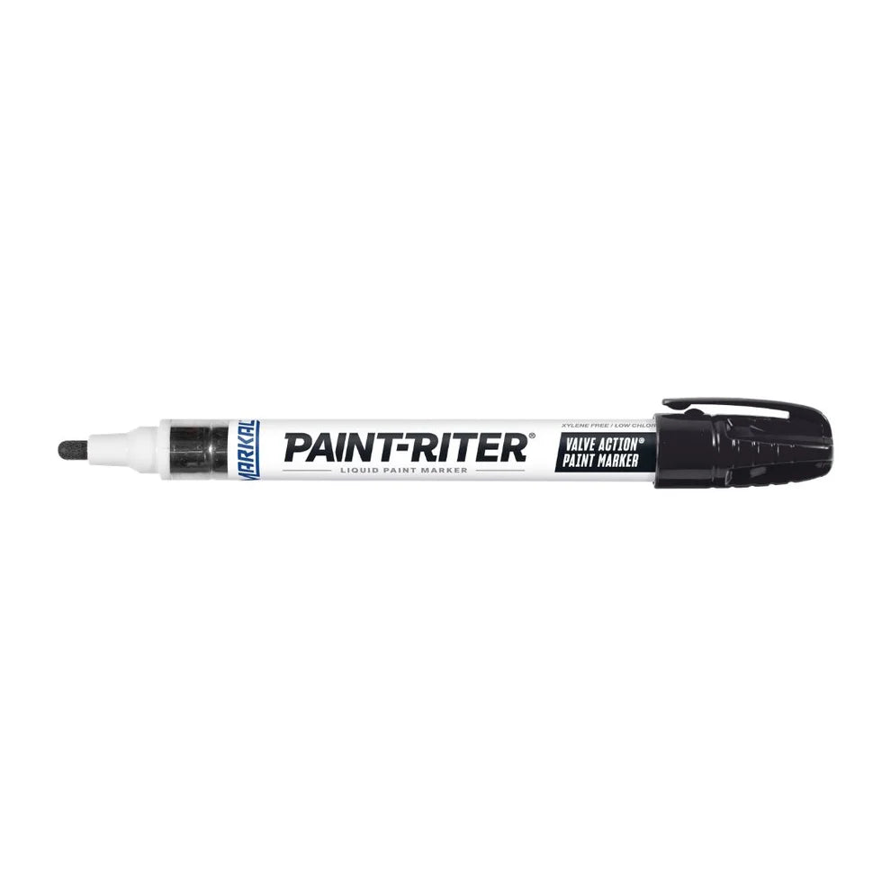 Markal Paint-Riter valve action black liquid paint marker – fast-drying, xylene-free, Dura-Nib medium bullet tip, metal barrel, industrial marking