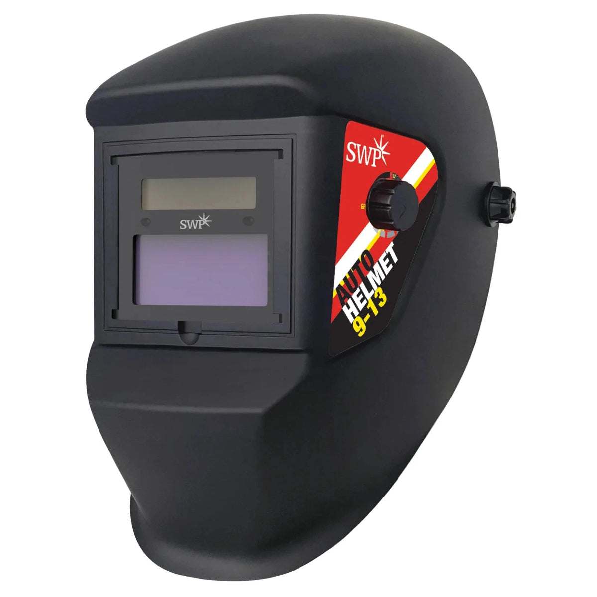 SWP 3037 black auto-darkening welding helmet with variable shade 9–13, front viewing window and side adjustment knob