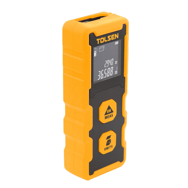 Tolsen Laser Distance Meter 20m – yellow and black handheld device with backlit LCD display