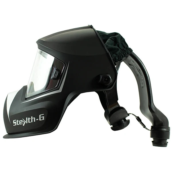 Side view of Stealth-G grinding helmet with clear visor and air hose