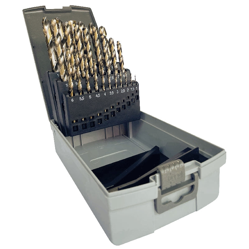 Castlebrooke 25-piece HSS-Co5 cobalt jobber drill bit set in an open labelled storage case