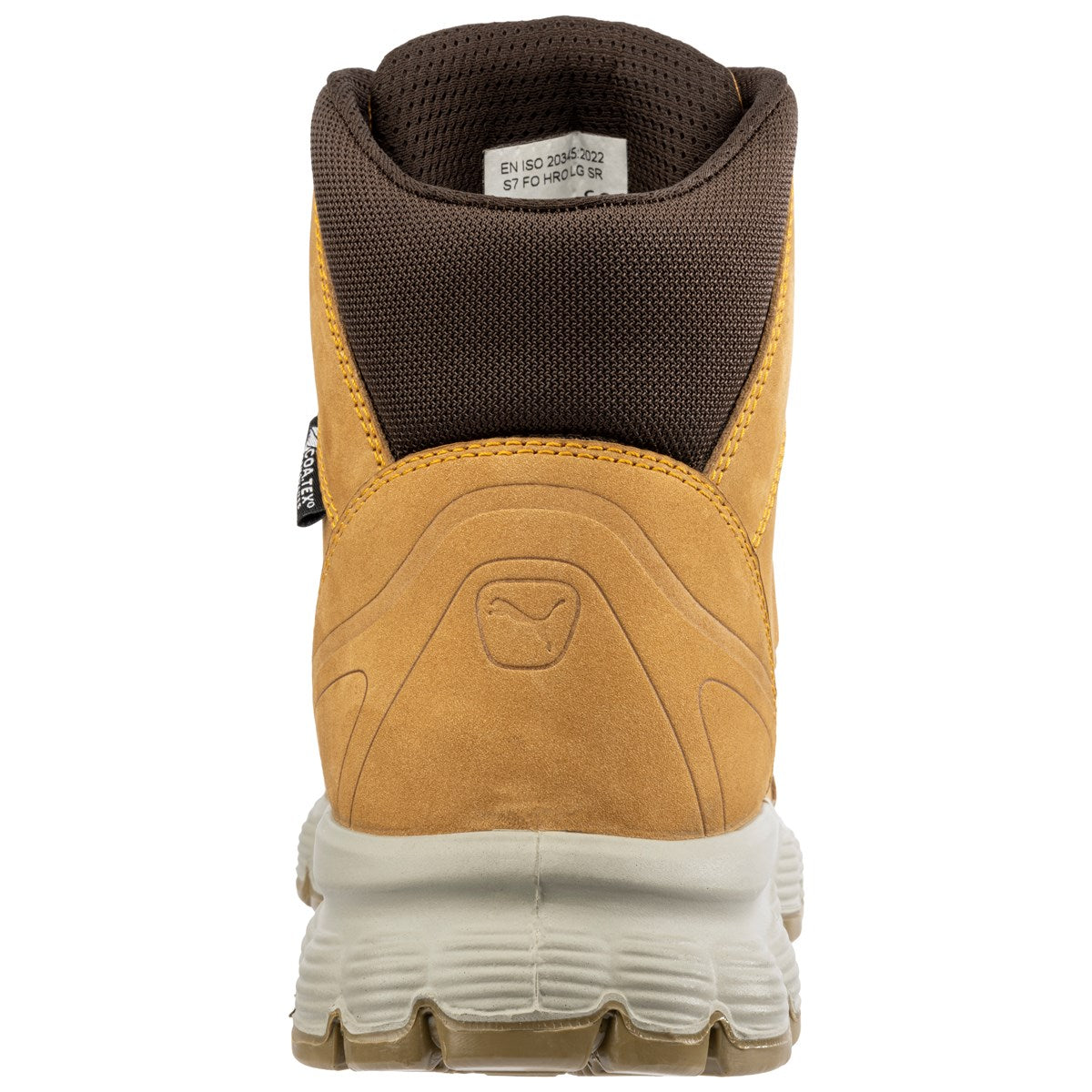 PUMA Safety VIPER CTX MID 630590 wheat nubuck S7L safety boot – rear view showing Coa.Tex membrane label and EN ISO 20345:2022 rating