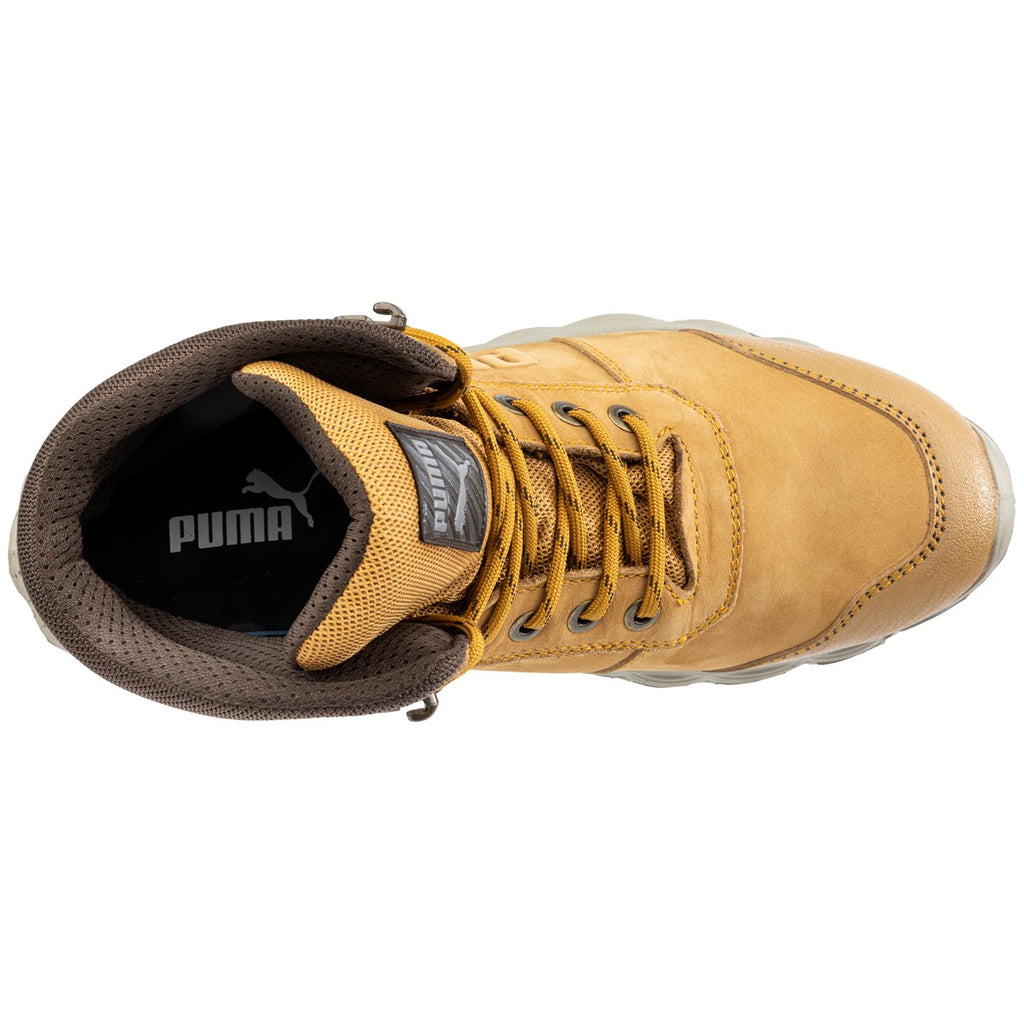 PUMA Safety VIPER CTX MID 630590 wheat nubuck S7L safety boot – top view showing PUMA branded insole and lacing system