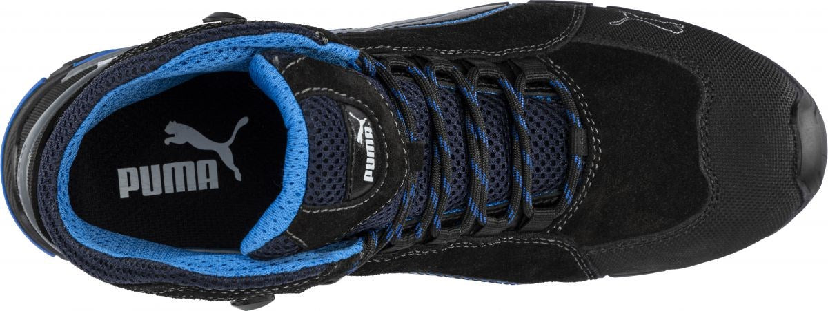 PUMA RIO BLACK MID safety boot top view with mesh collar and laces
