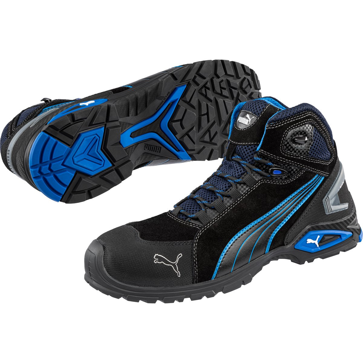 PUMA RIO BLACK MID safety boots pair showing blue and black TPU METRO outsole