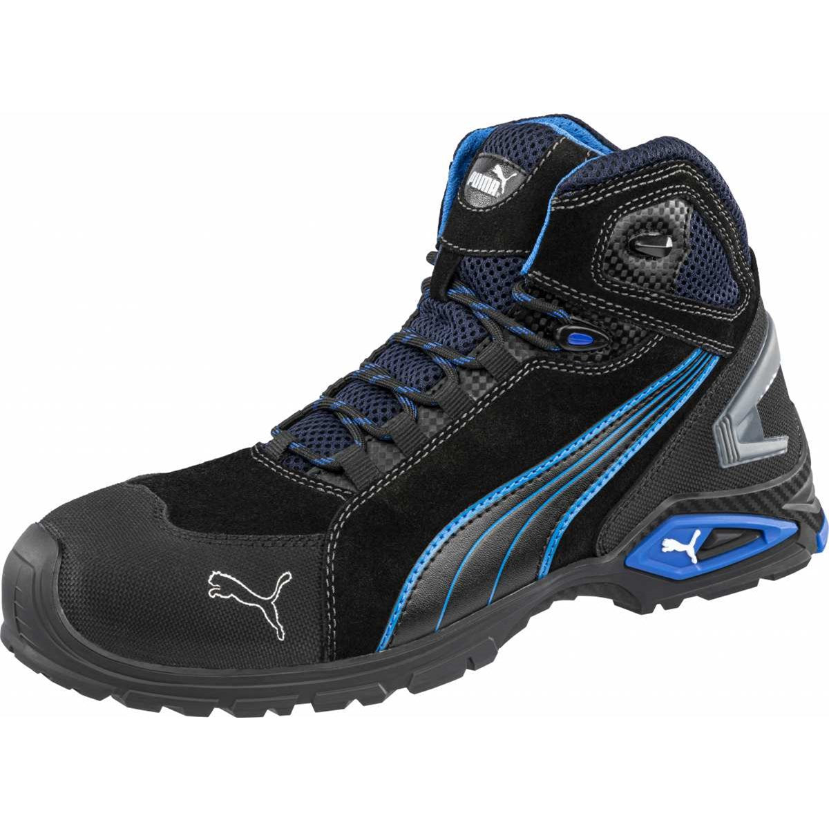 PUMA RIO BLACK MID S3L safety boot in black suede with blue stripes, side view