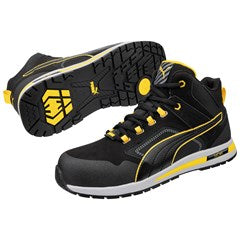 PUMA® Safety CROSSTWIST BLACK MID SB E safety boot pair – black and yellow, fiberglass toecap, EN ISO 20345:2022 certified