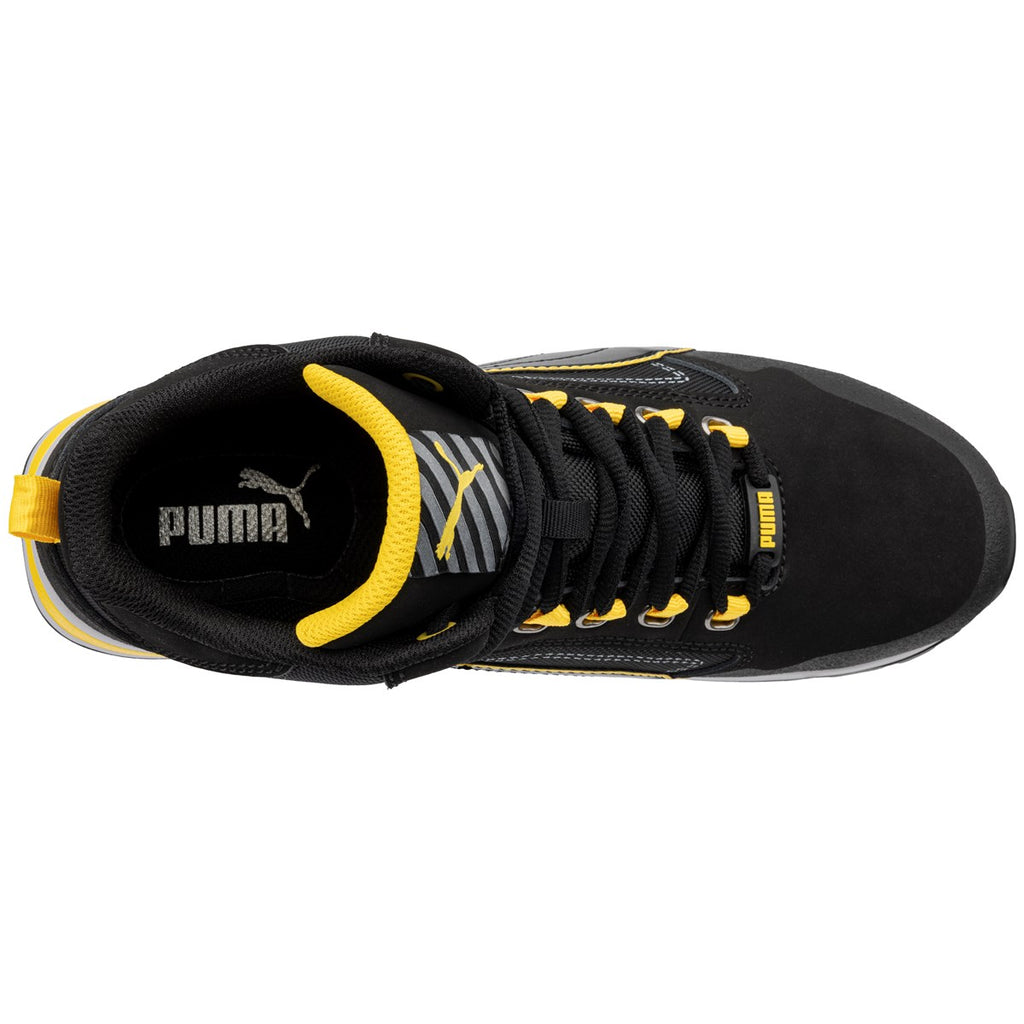 PUMA® Safety CROSSTWIST BLACK MID safety boot top view – black leather upper with yellow accents and BreathActive lining
