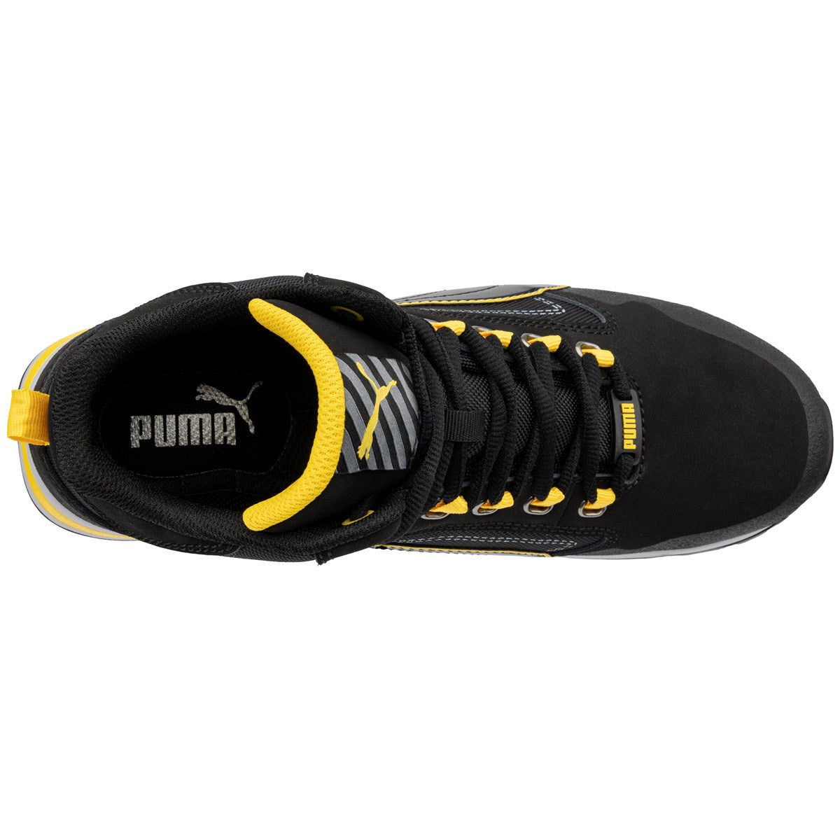 PUMA® Safety CROSSTWIST BLACK MID safety boot top view – black leather upper with yellow accents and BreathActive lining