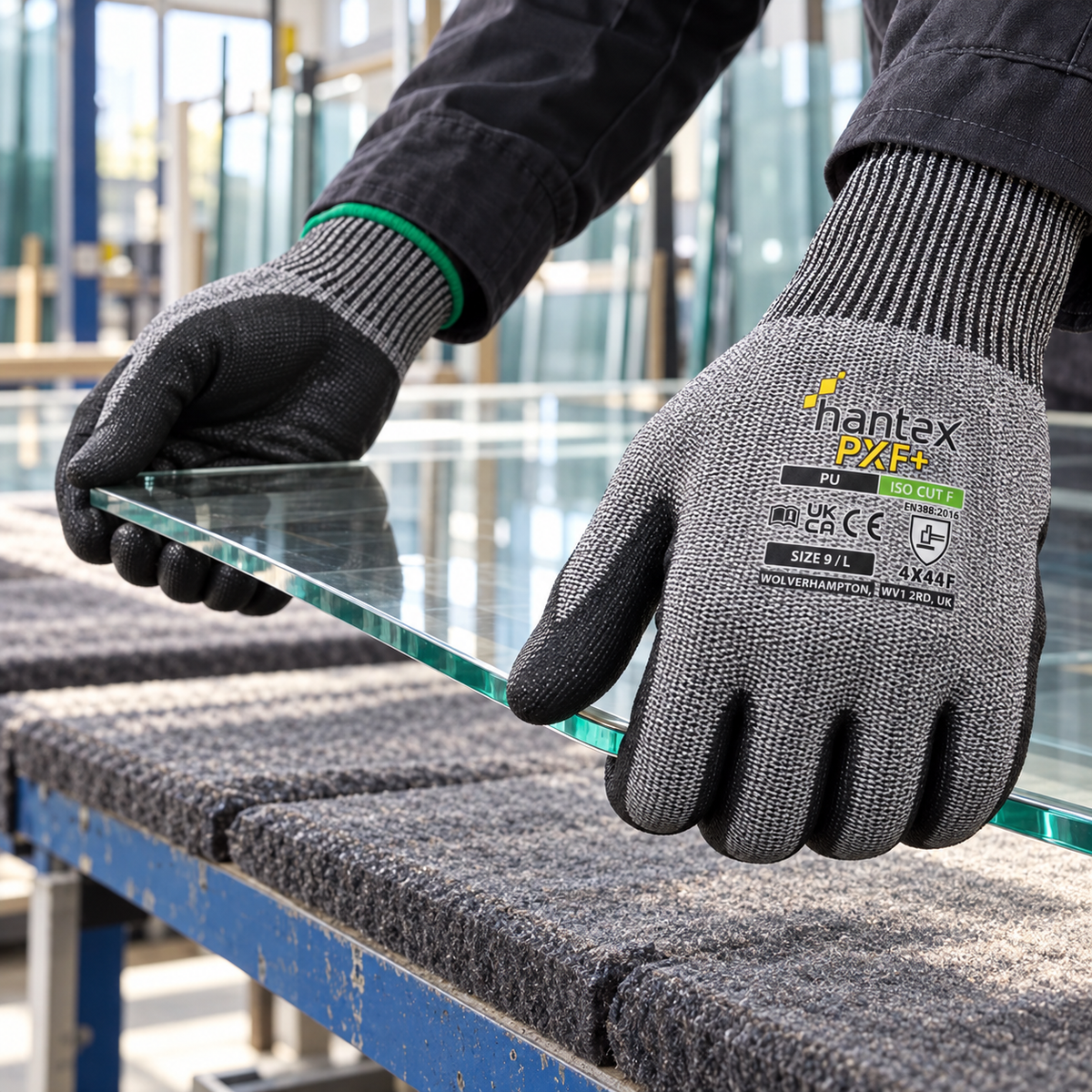 Hantex PXF+ cut-resistant gloves handling a glass panel above a padded workshop bench
