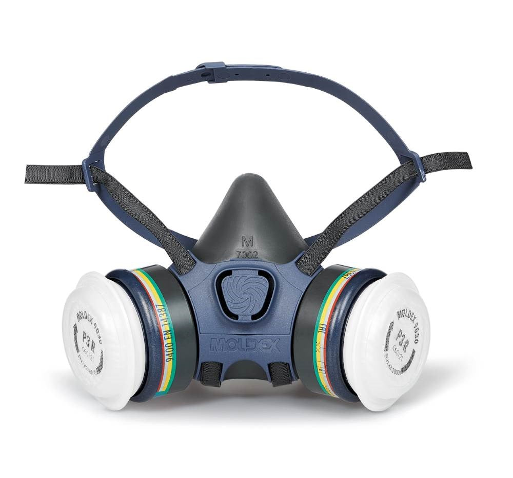 Moldex 7432 half face respirator kit showing the 7002 mask body fitted with two ABEK1P3 combination filters with coloured band identification