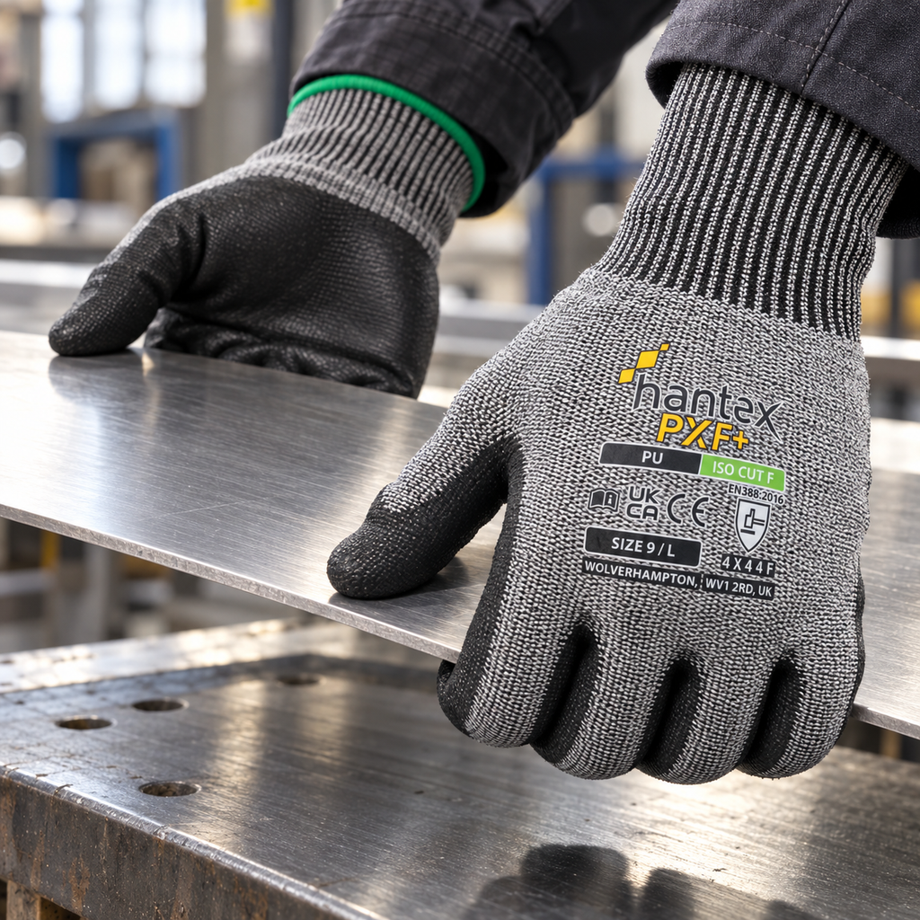 Hantex PXF+ cut-resistant gloves with black PU palms handling a metal sheet on a workshop bench
