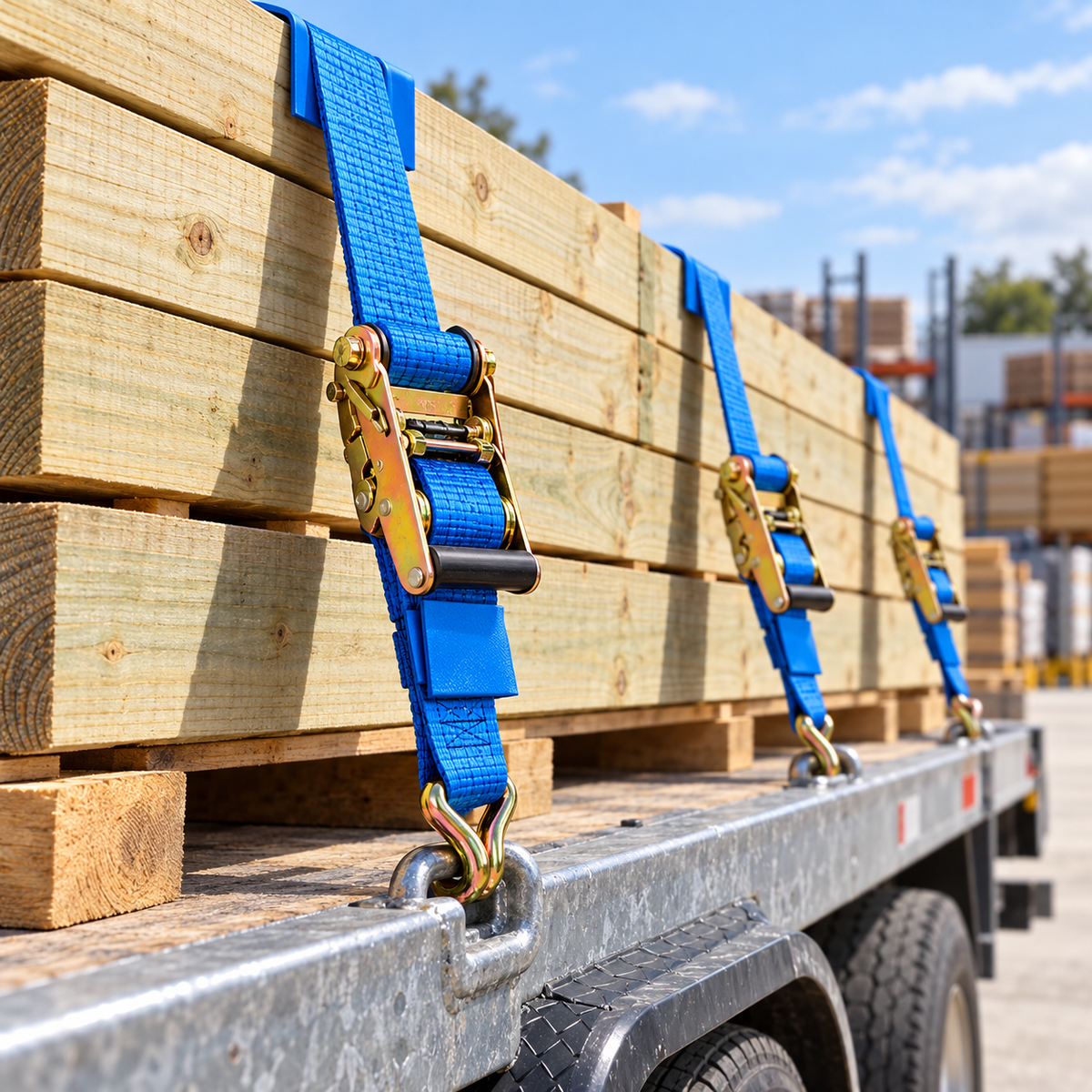 Blue ratchet straps securing timber on a trailer