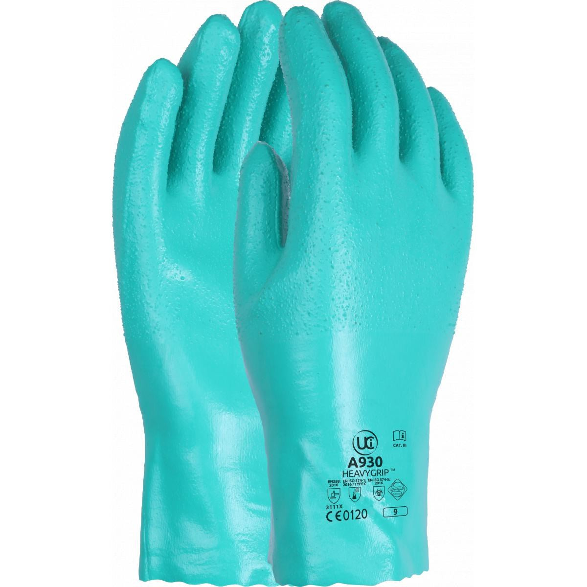 Pair of turquoise A930 30cm cotton-lined nitrile chemical gauntlets with rough grip finish