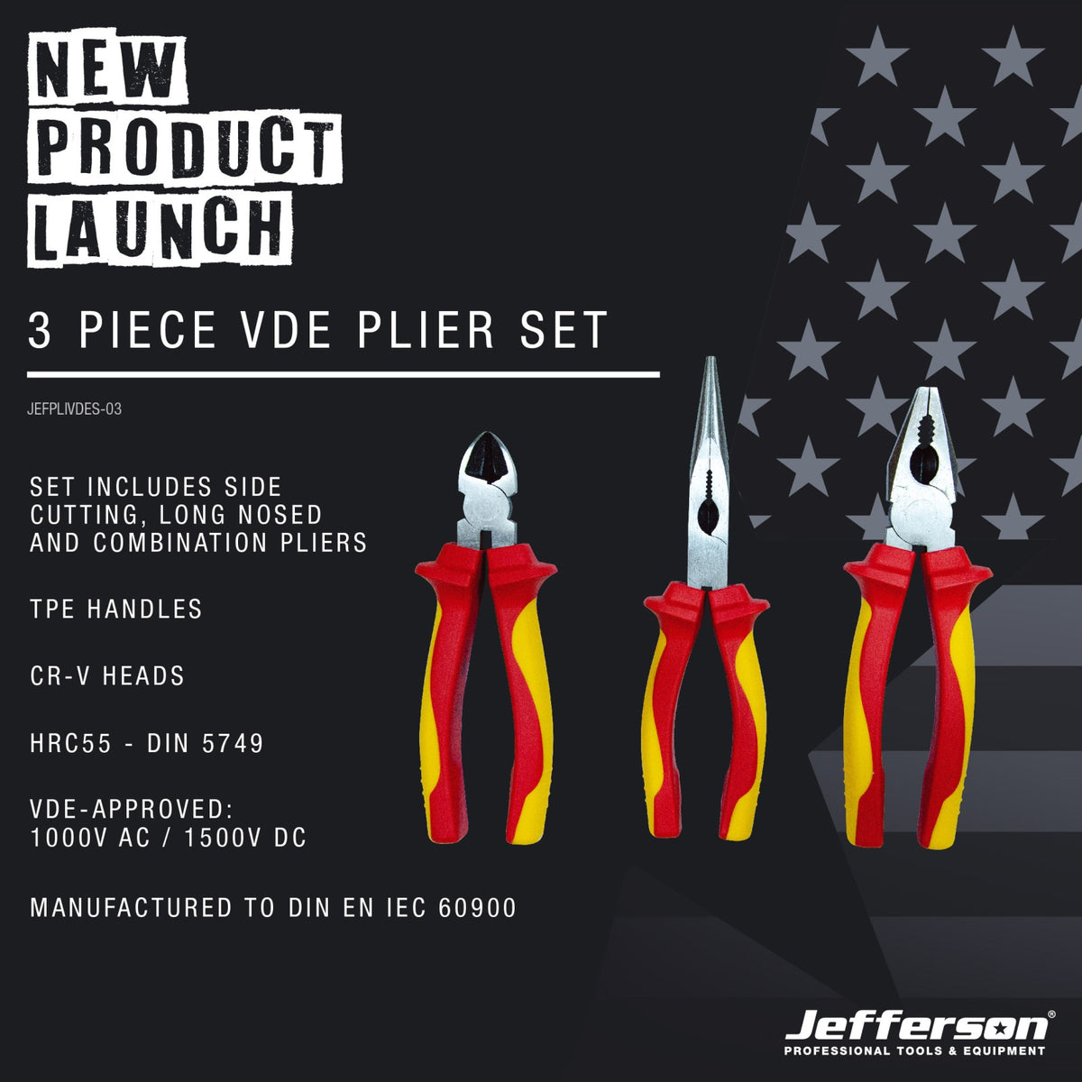 Jefferson JEFPLIVDES-03 product information graphic showing VDE plier set specifications