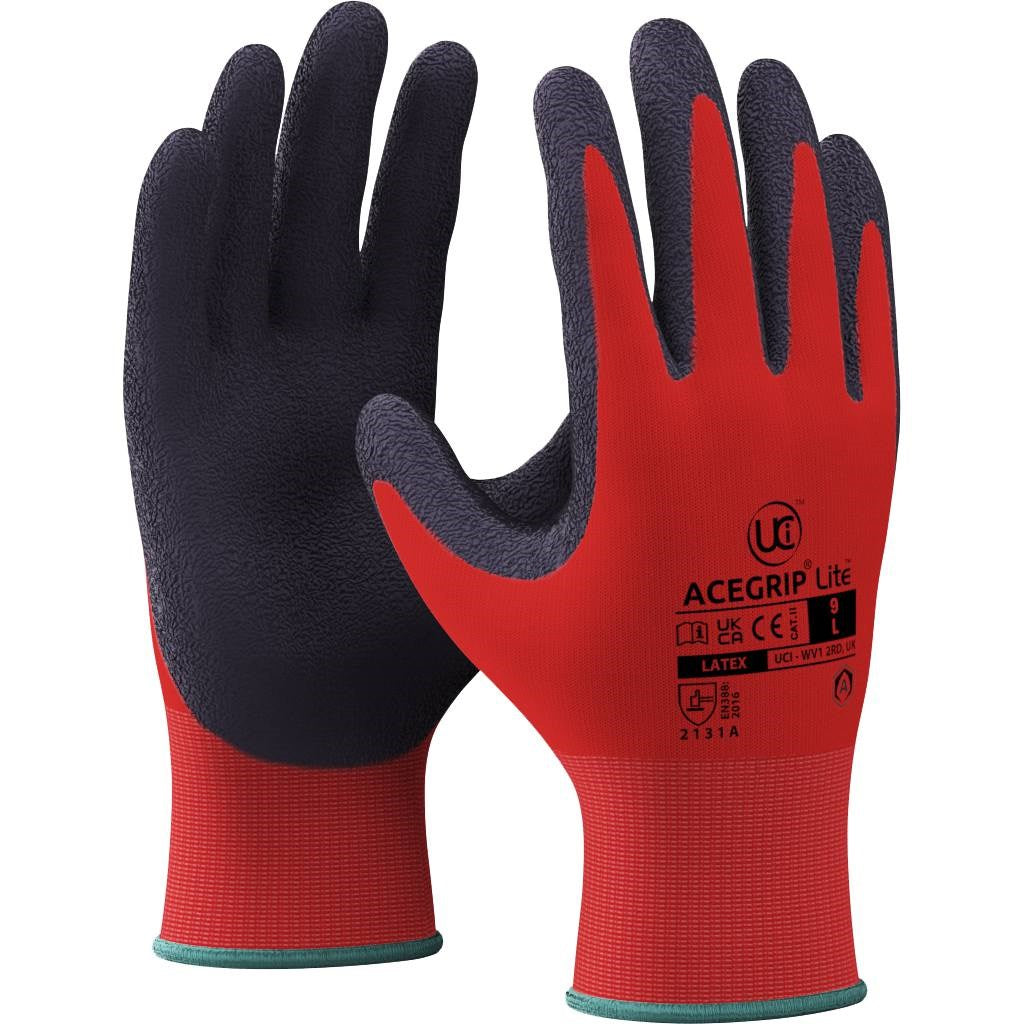 UCI AceGrip Lite Lightweight Latex Grip Glove – red nylon flex liner with black crinkle latex palm coating, EN388:2016 rated