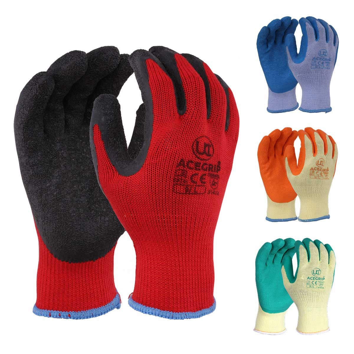 UCI AceGrip-RP Retail Packed Premium Latex Glove – available in red, blue, orange and green, polycotton liner with crinkle latex palm coating, EN388:2016 rated