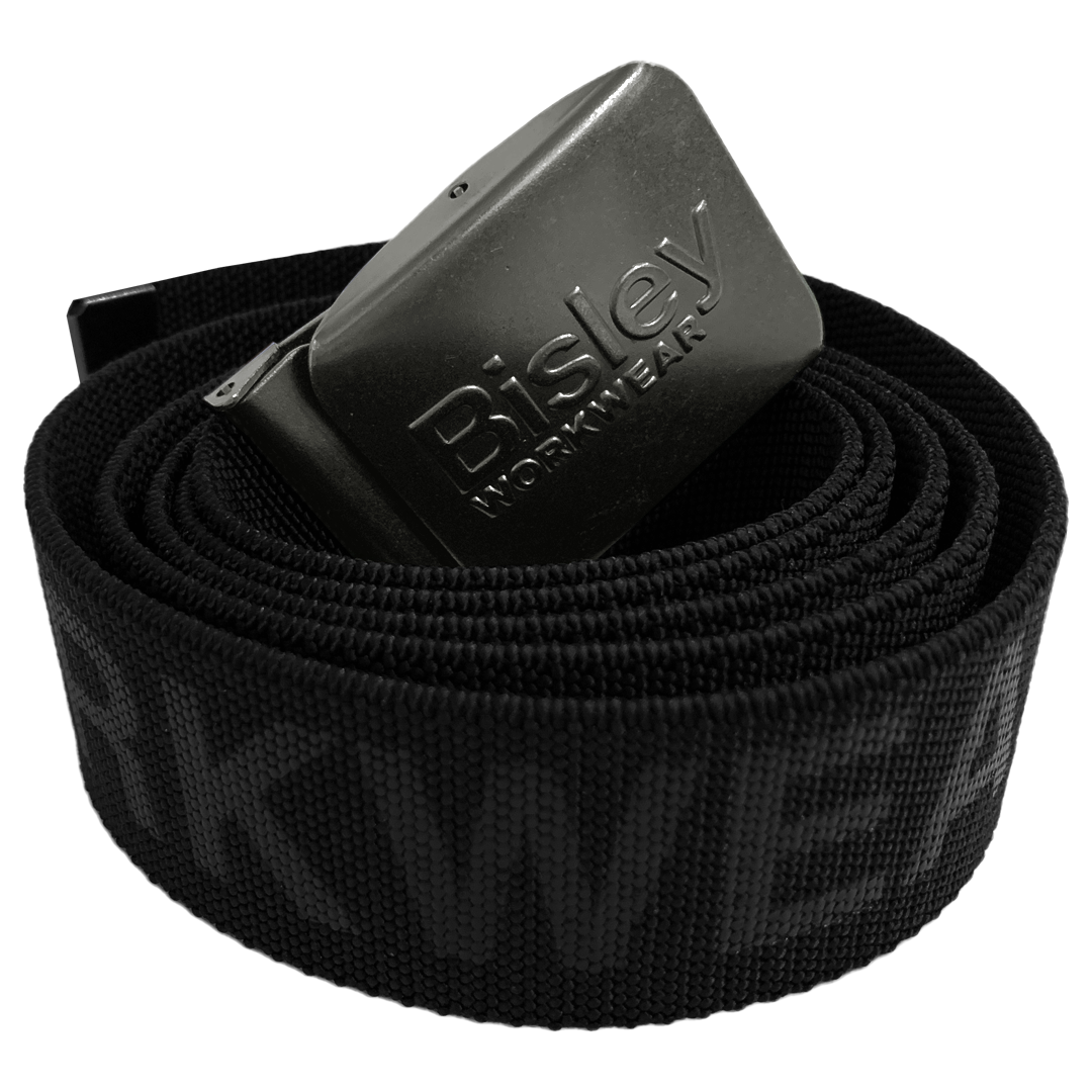 Bisley UKB101 Stretch Belt in Black with Bisley Workwear branded buckle, coiled