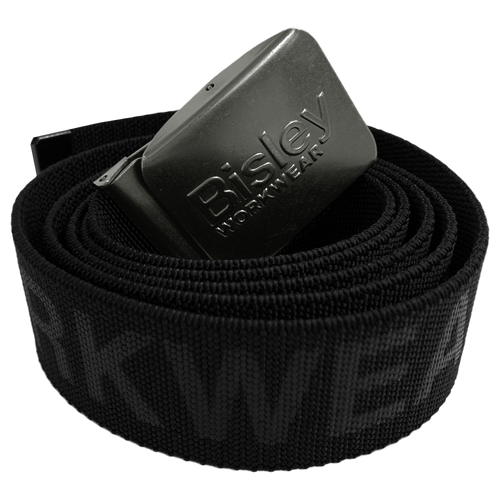 Bisley UKB101 Stretch Belt in Black with Bisley Workwear branded buckle, coiled