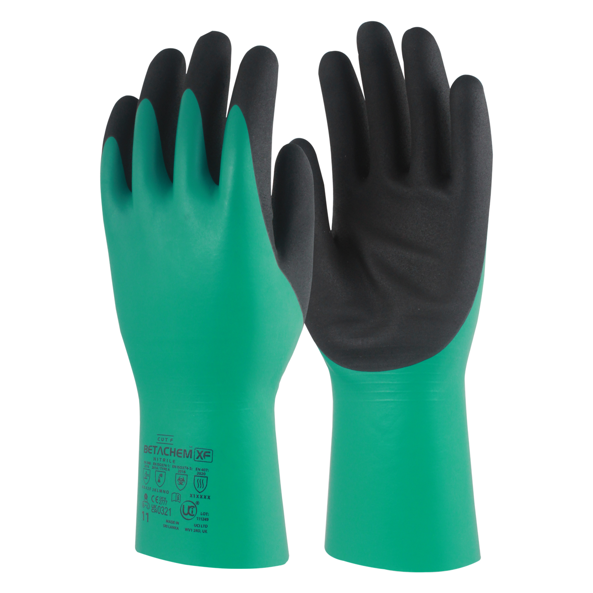 Pair of green and black BetaChem-XF 33cm dual-coated nitrile chemical gauntlets