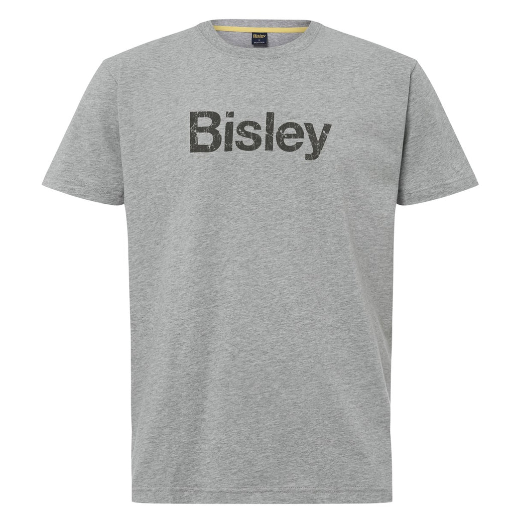 Bisley BKT064 t-shirt grey marle front view with distressed Bisley logo print