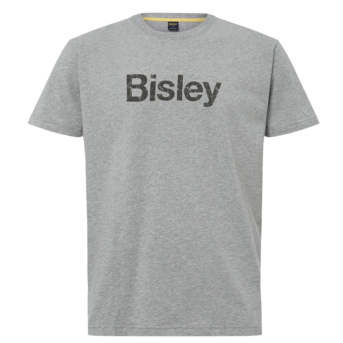 Bisley BKT064 t-shirt grey marle front view with distressed Bisley logo print