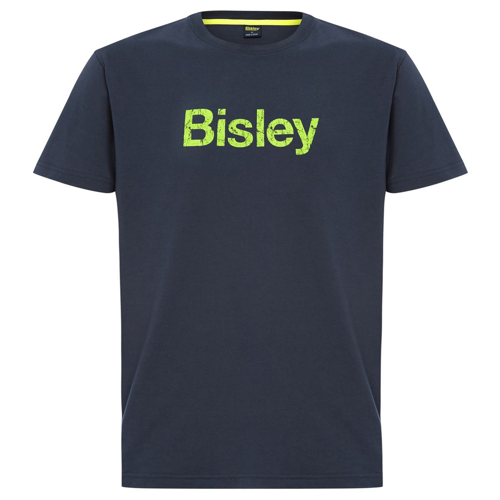 Bisley BKT064 t-shirt navy front view with lime green Bisley logo print