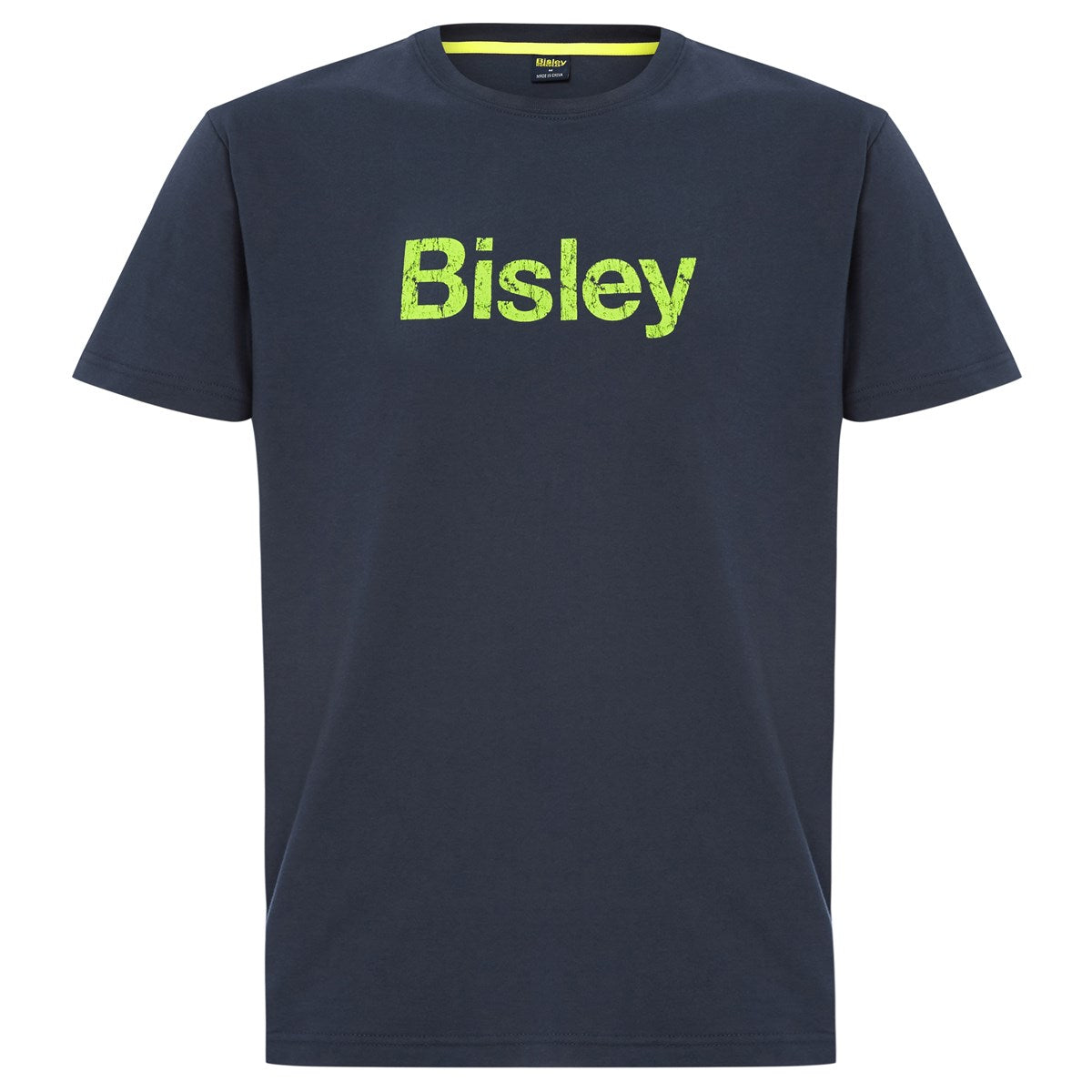 Bisley BKT064 t-shirt navy front view with lime green Bisley logo print