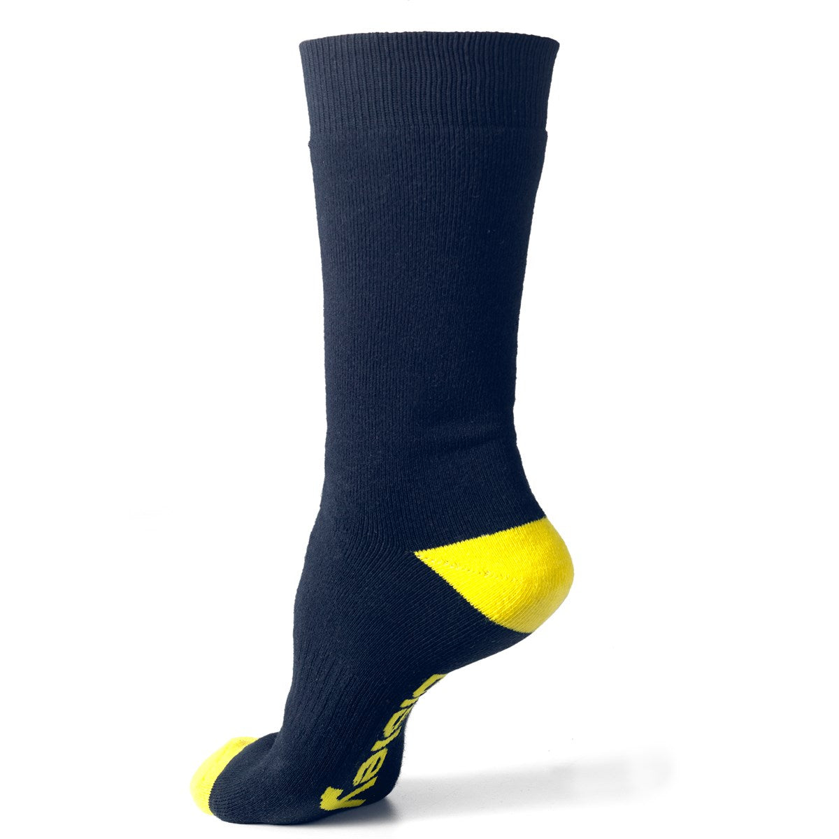 Bisley UKSX7210 navy work sock showing reinforced heel and toe with yellow contrast detail