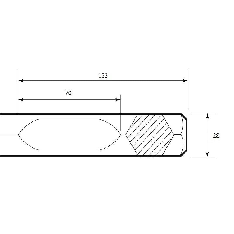 Technical diagram of chisel shank for Bosch Brute 11304 GSH27 Milwaukee MXFDH2528H showing dimensions: 133mm engagement length, 70mm working length, 28mm body width