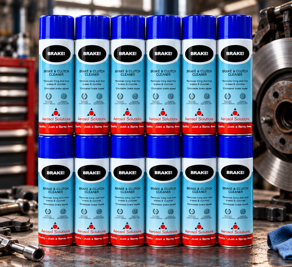Twelve Aerosol Solutions Brake & Clutch Cleaner 500ml cans displayed together, representing the box of 12