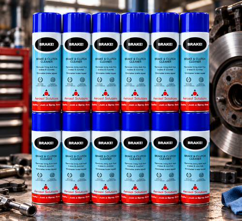 Twelve Aerosol Solutions Brake & Clutch Cleaner 500ml cans displayed together, representing the box of 12