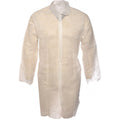 DCW white disposable polypropylene visitor coat with stud front fastening, shown flat on white background