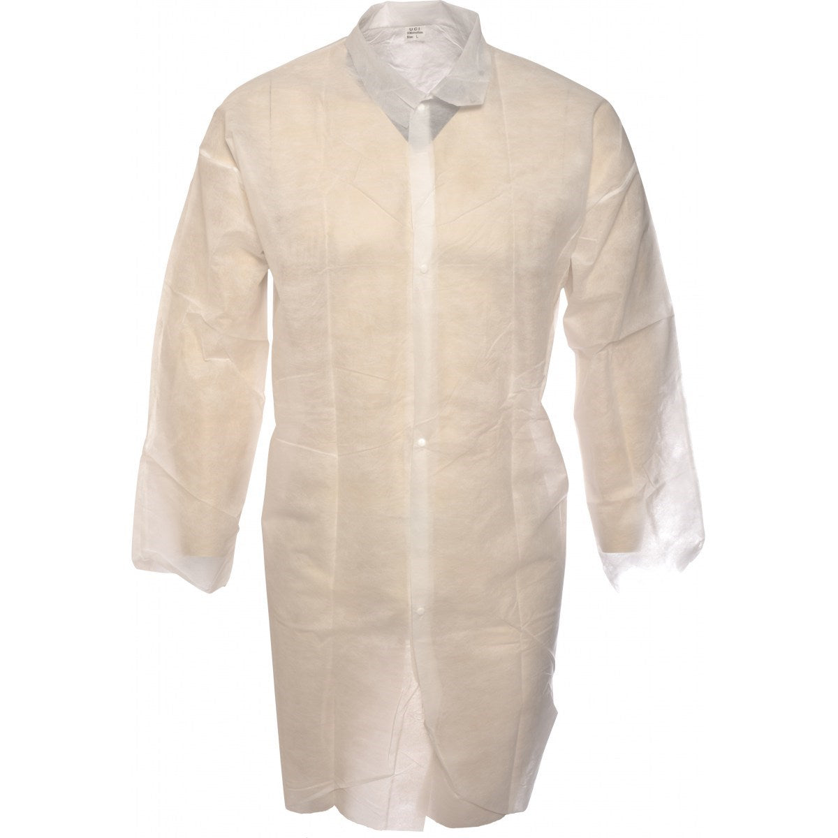 DCW white disposable polypropylene visitor coat with stud front fastening, shown flat on white background