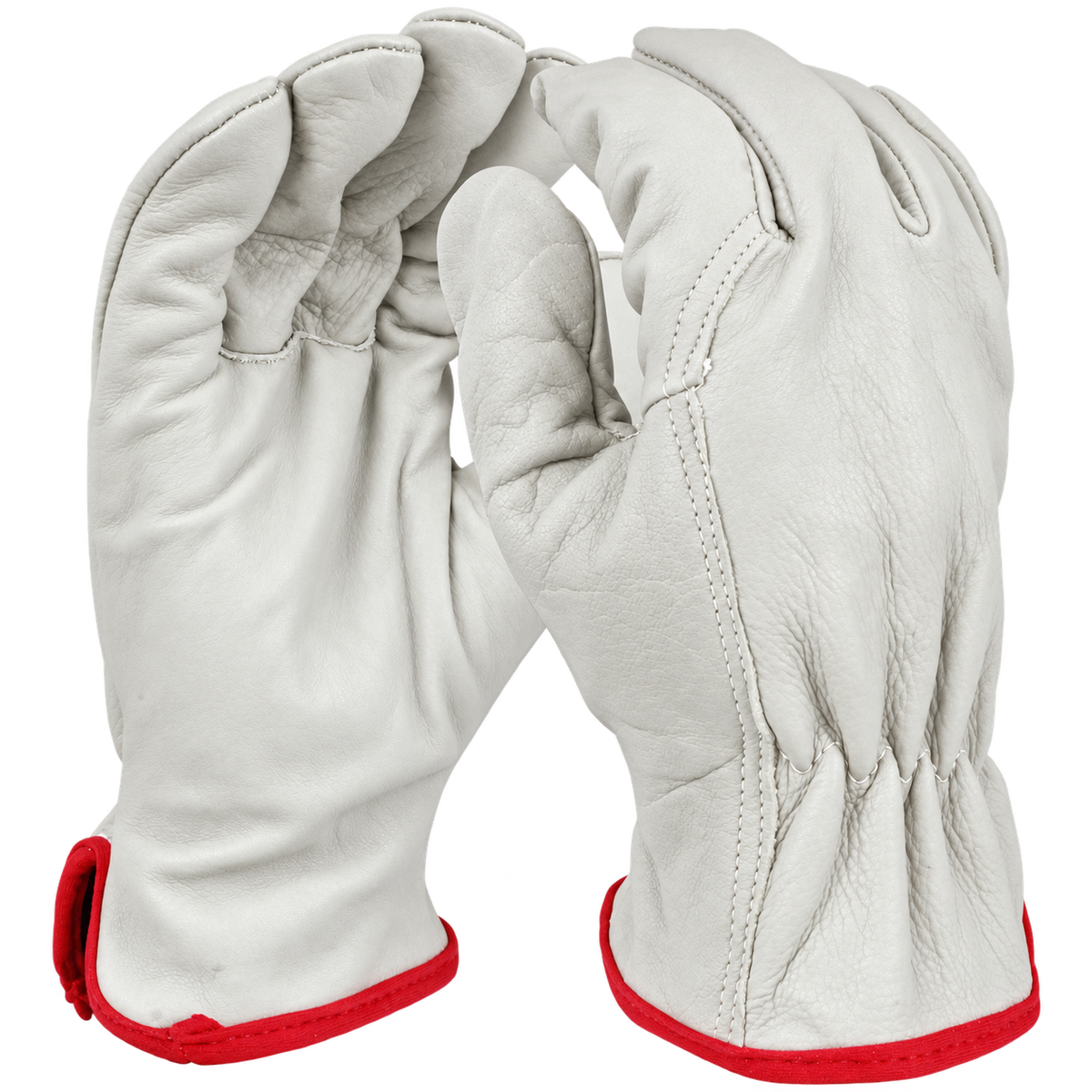 UDGP cowhide drivers gloves showing palm and back with red cuff trim