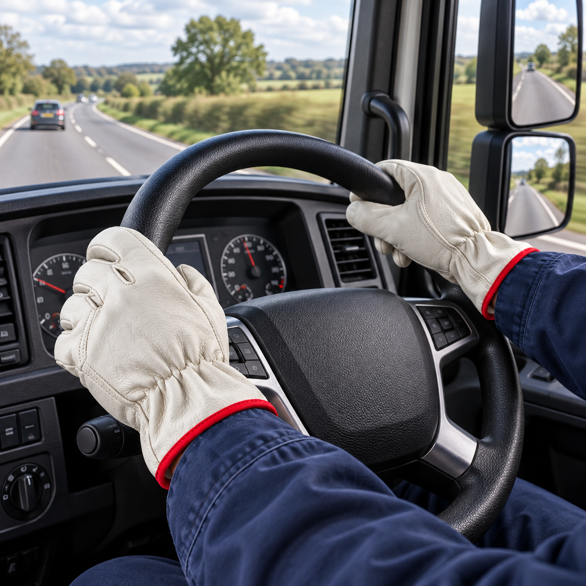 Leather drivers gloves with red cuffs shown holding a truck steering wheel