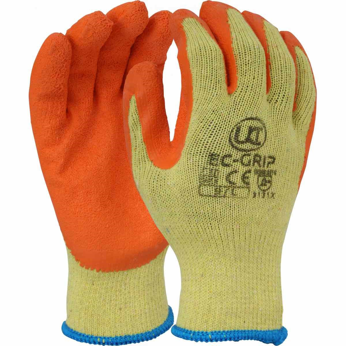 UCI EC-GRIP Work Gloves – orange latex crinkle grip coating on yellow polycotton liner