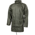 Bisley Fahrenheit PU Stretch Waterproof Jacket in Olive Green – long length, press stud front, storm collar and flap pockets