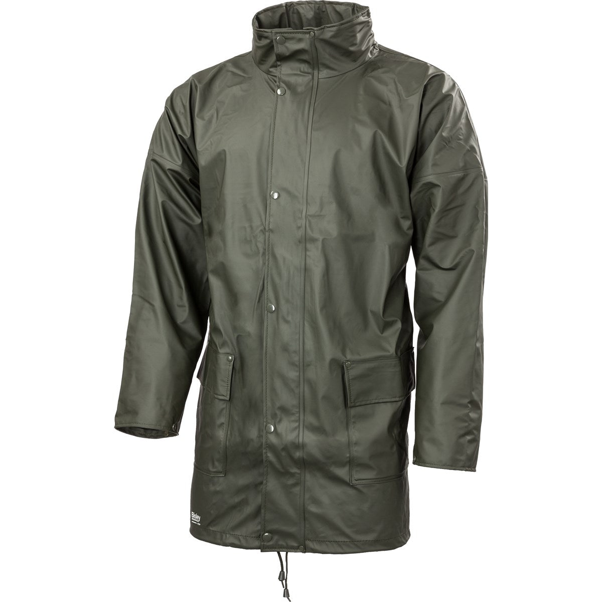 Bisley Fahrenheit PU Stretch Waterproof Jacket in Olive Green – long length, press stud front, storm collar and flap pockets