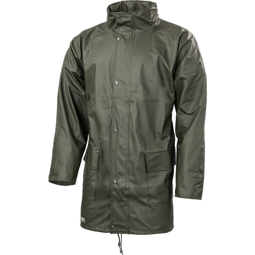 Bisley Fahrenheit PU Stretch Waterproof Jacket in Olive Green – long length, press stud front, storm collar and flap pockets